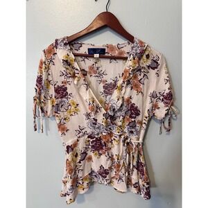Blue Rain Floral Wrap Top Womens Large Cream Purple Orange Ruffle 7IT0582AB-1